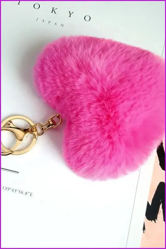 Lovely Heart Shaped Pom Poms Fluffy Fur Pompom Keychain Rabbit Fur F3918