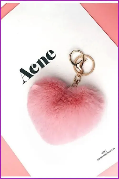 Lovely Heart Shaped Pom Poms Fluffy Fur Pompom Keychain Rabbit Fur F3918