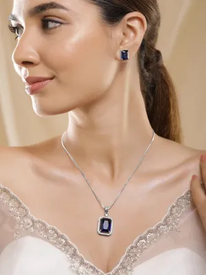 Luxurious Rhodium-Plated Blue Sapphire & CZ Studded Pendant Necklace Set