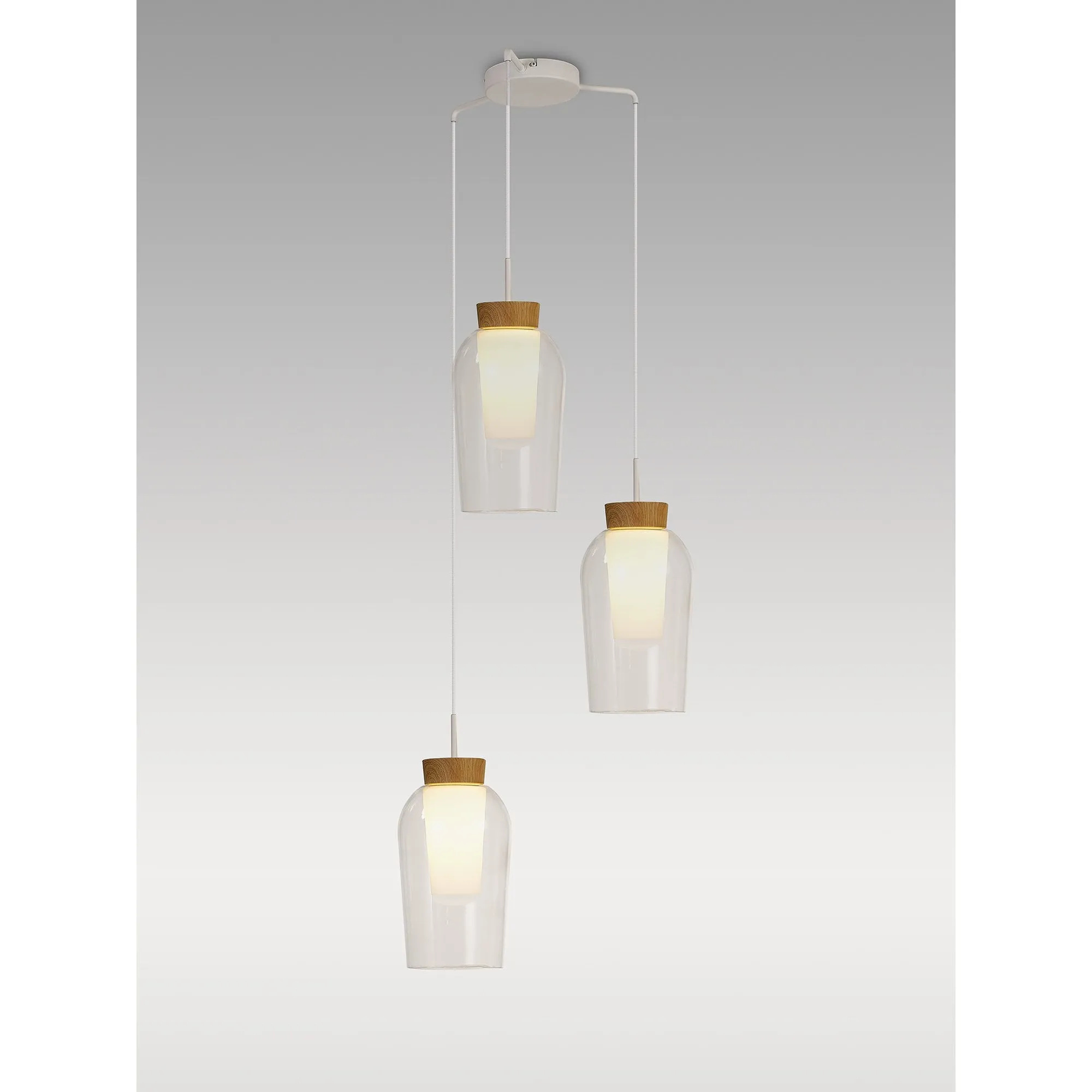 Mantra M8276 Nora 3 Light Round Pendant White/Wood/Clear Glass With Frosted Inner