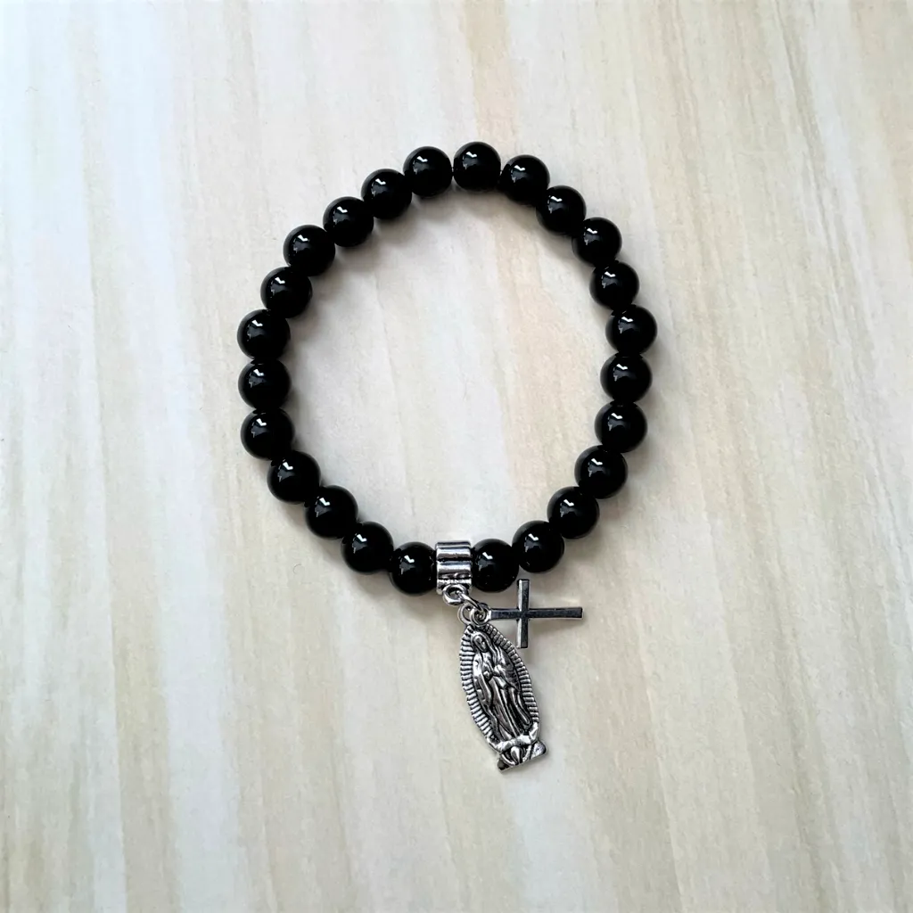 Mens Black Onyx and Silver Saint Mary and Cross Charm Bracelet