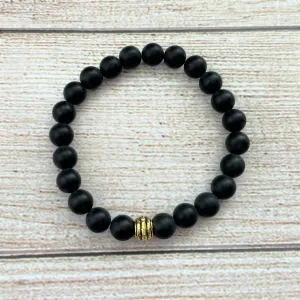 Mens Black Onyx Matte Beaded Bracelet with Gold Statement Bead