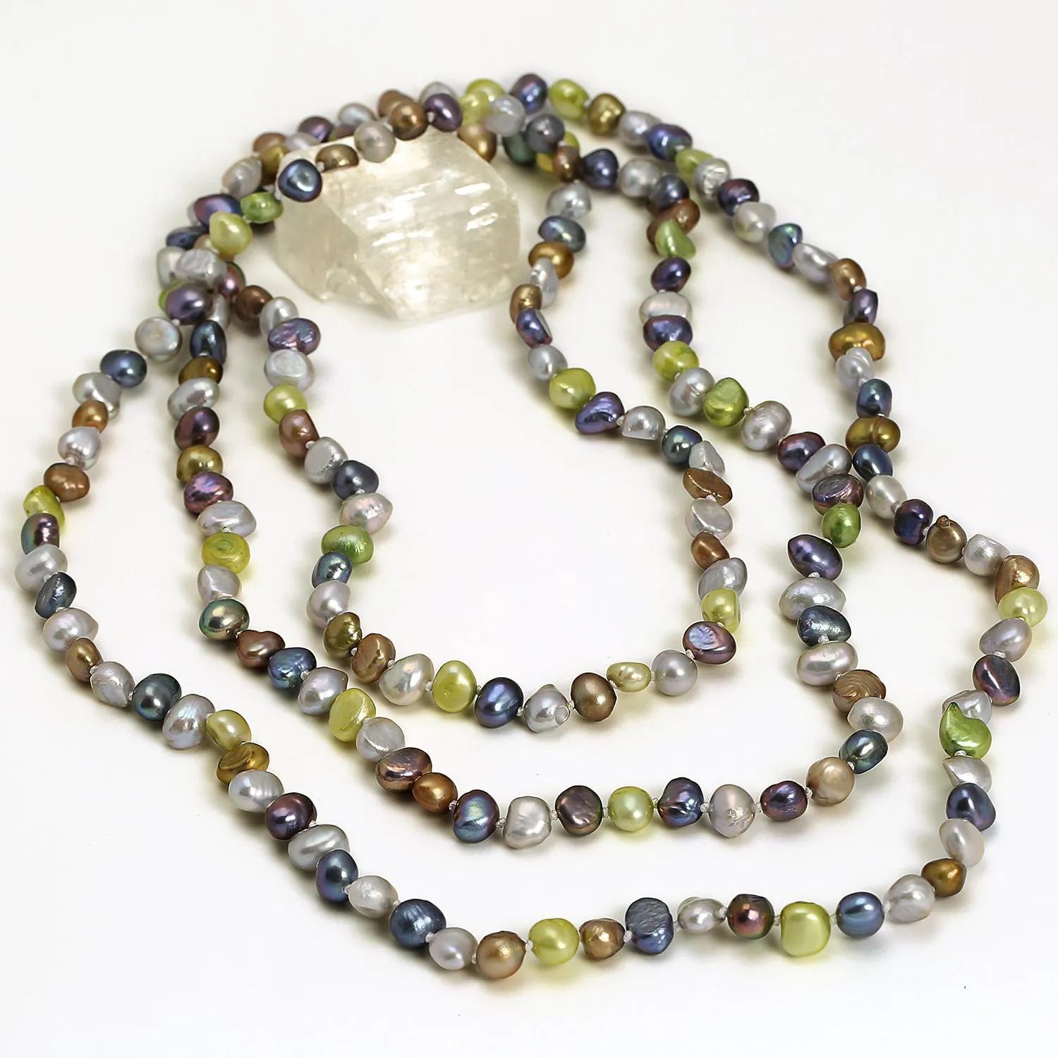 Multi-Color Earth Tone Freshwater Cultured Pearl Strand Necklace 54" Sterling Silver