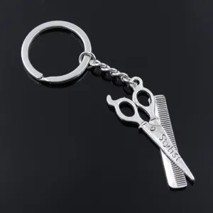 new fashion men 30mm keychain DIY metal holder chain vintage barber scissor comb stylist 24*53mm antique silver pendant