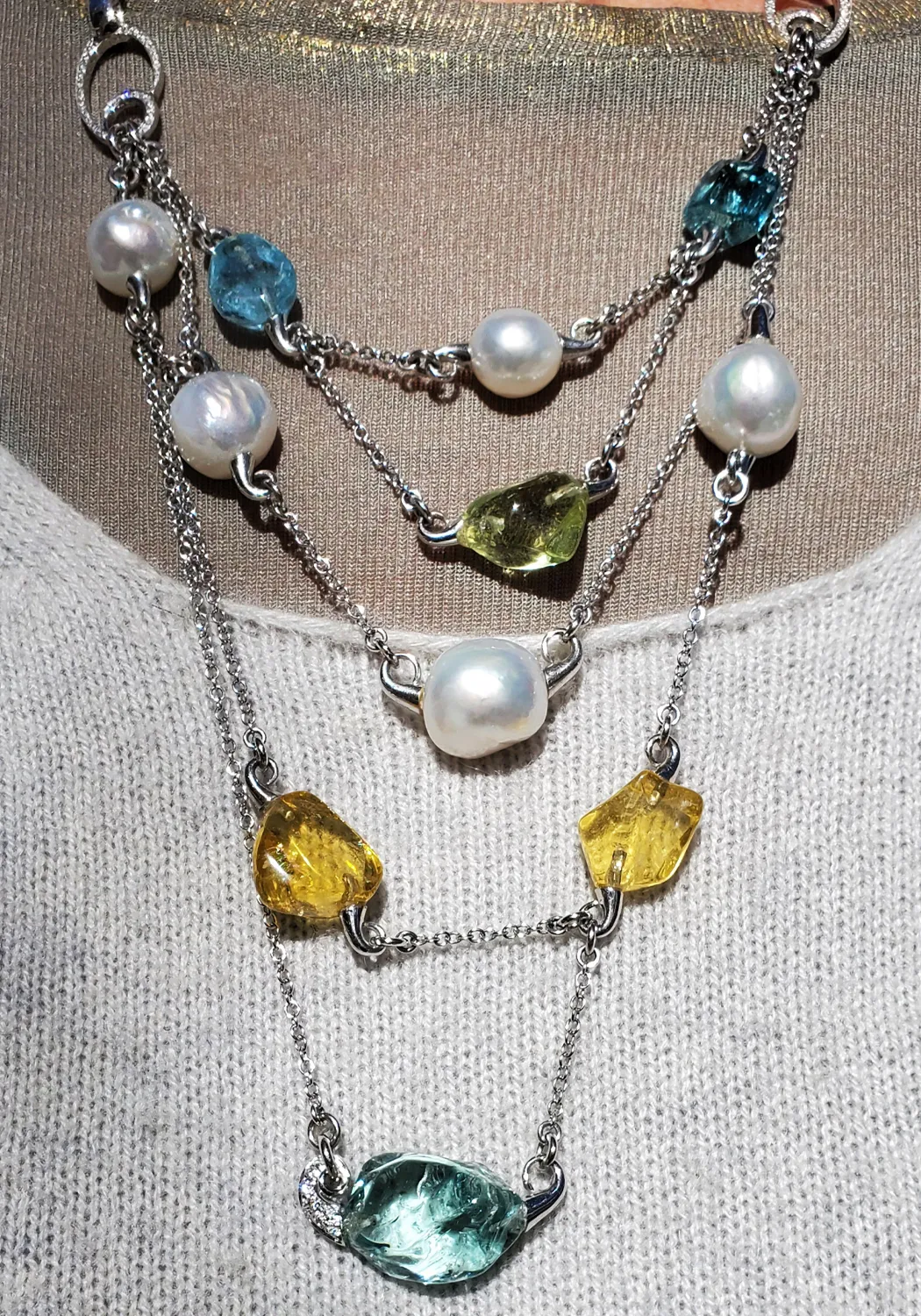 One of a Kind South Sea Pearl & Beryl Layered Necklace