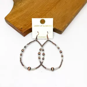 Open Teardrop Earrings With Beads in Copper Tone and White