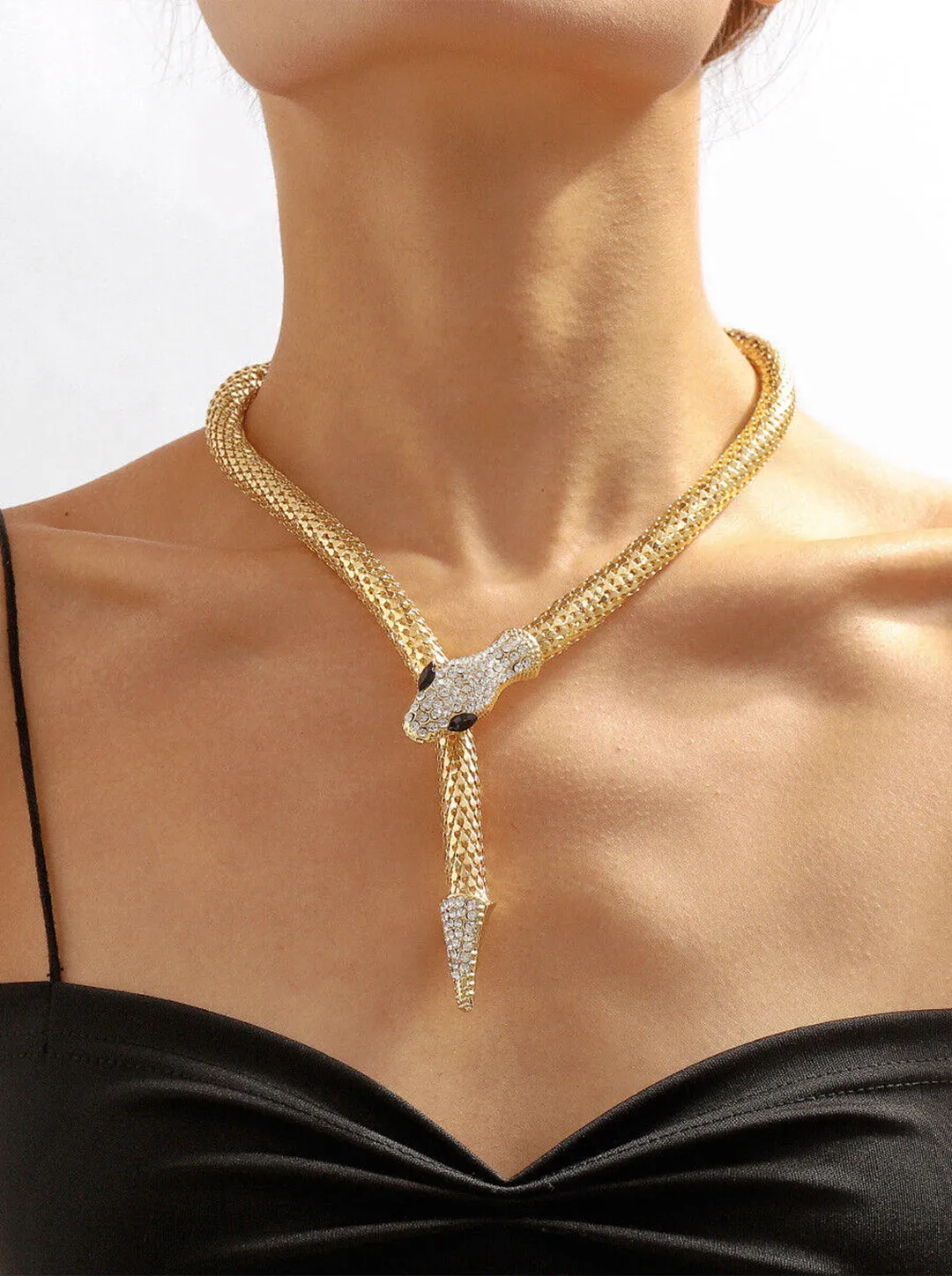 Ornaio 18 k Gold Plated Snake Necklace with Rhinestones