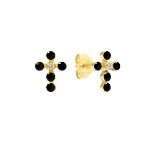 Pearled Cross Diamond Earrings, Black, Yellow Gold