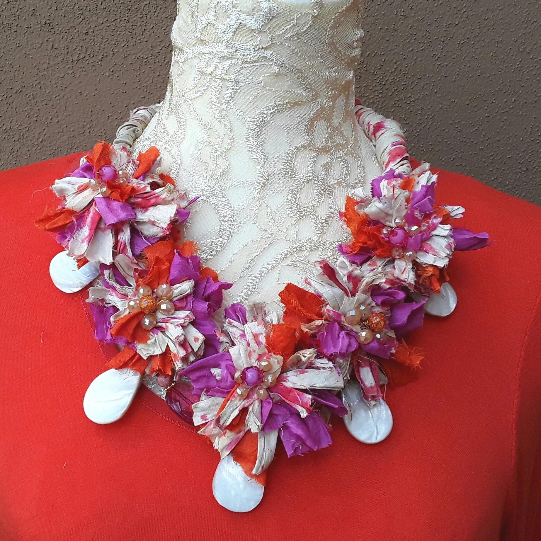 Pink & Orange Sari Statement Necklace, Silk Ribbon Boho Fabric Collar, Unique Gift for Her