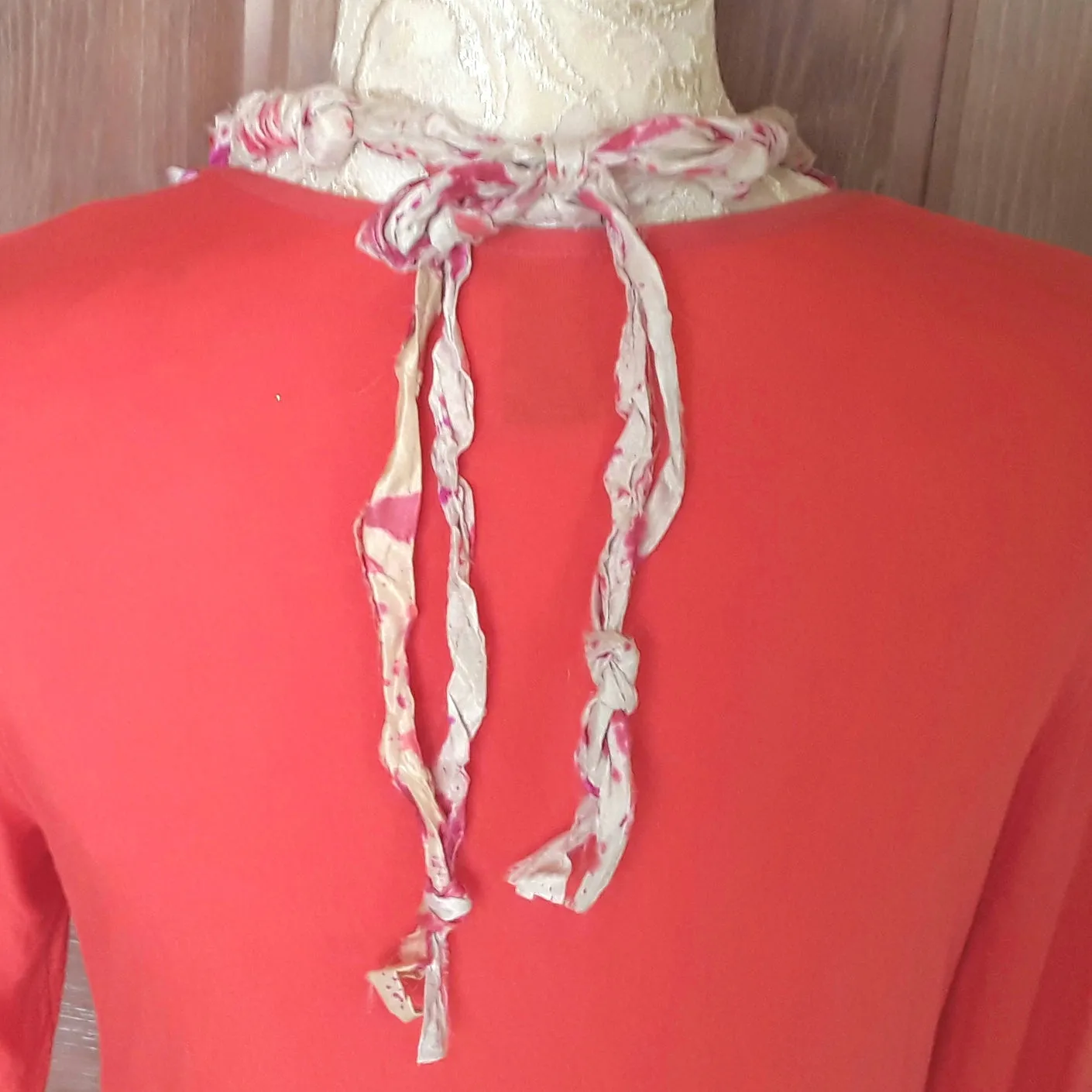 Pink & Orange Sari Statement Necklace, Silk Ribbon Boho Fabric Collar, Unique Gift for Her