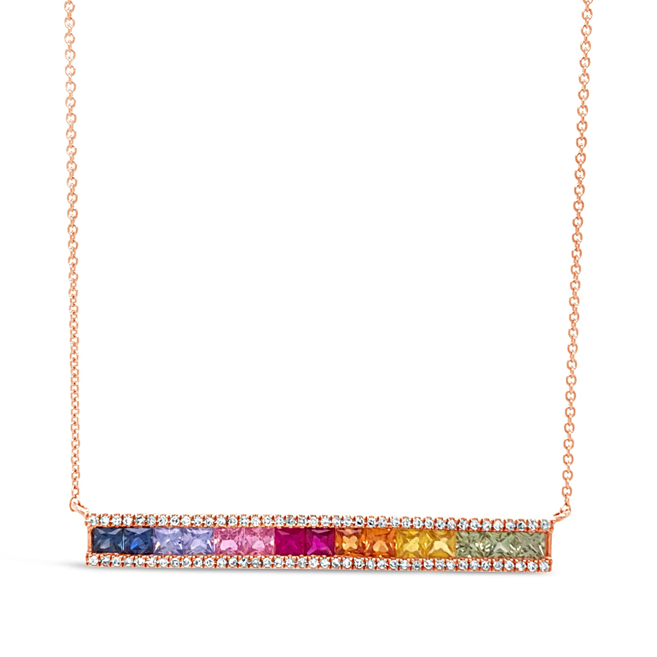 Rainbow Gemstone & Diamond Baguette Bar Necklace