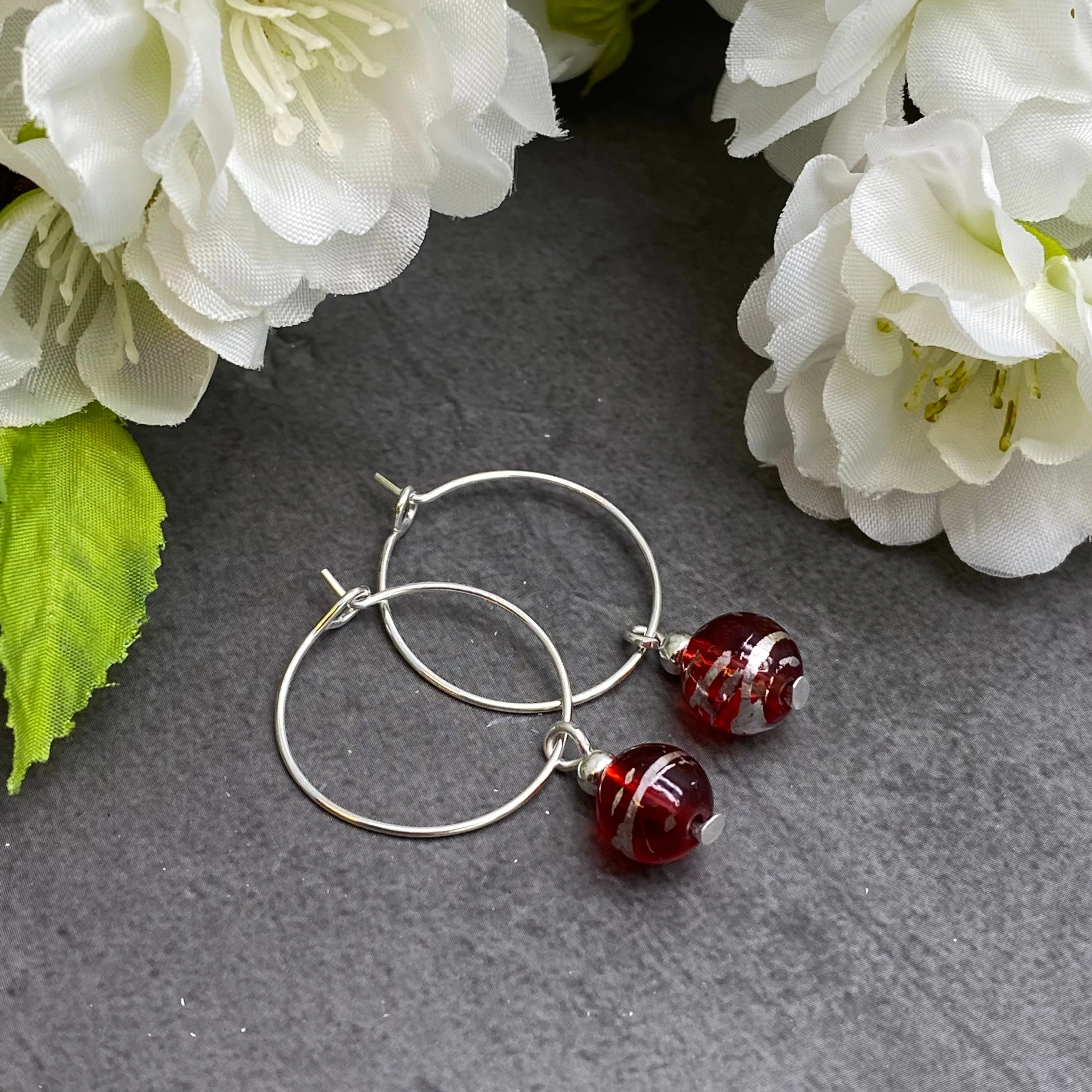 Red Drawbench Glass Bead Silver Plated Hoops 20mm