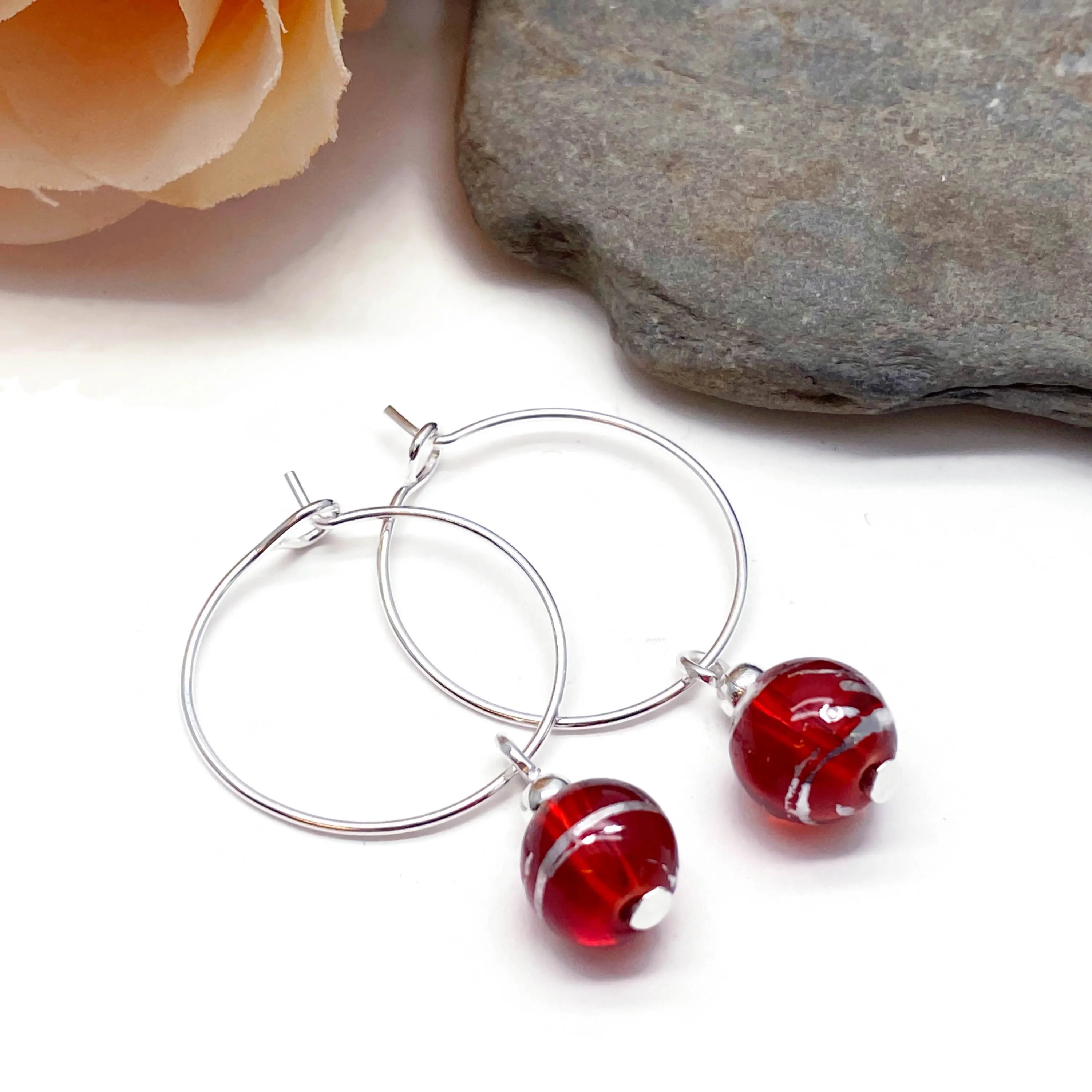 Red Drawbench Glass Bead Silver Plated Hoops 20mm