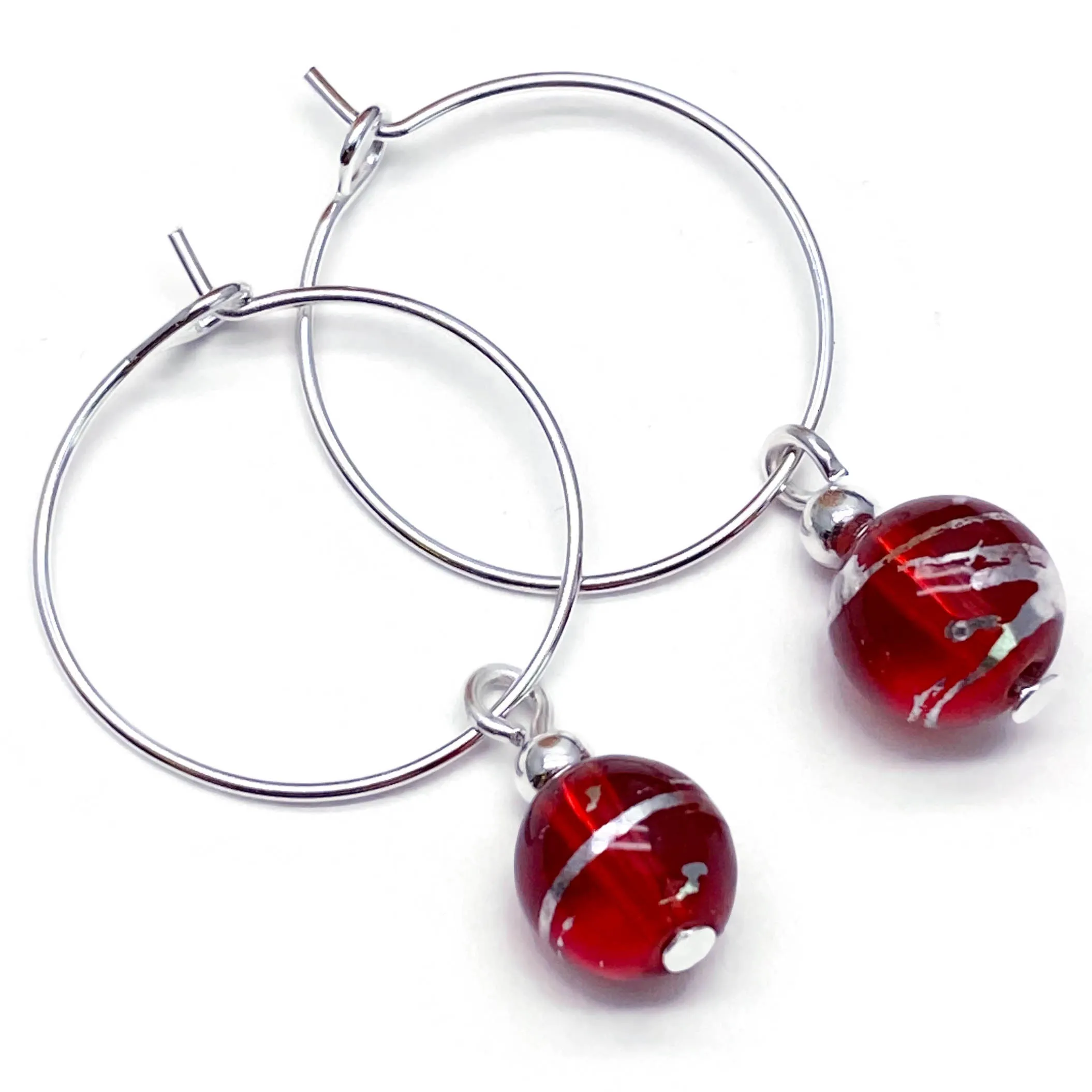 Red Drawbench Glass Bead Silver Plated Hoops 20mm