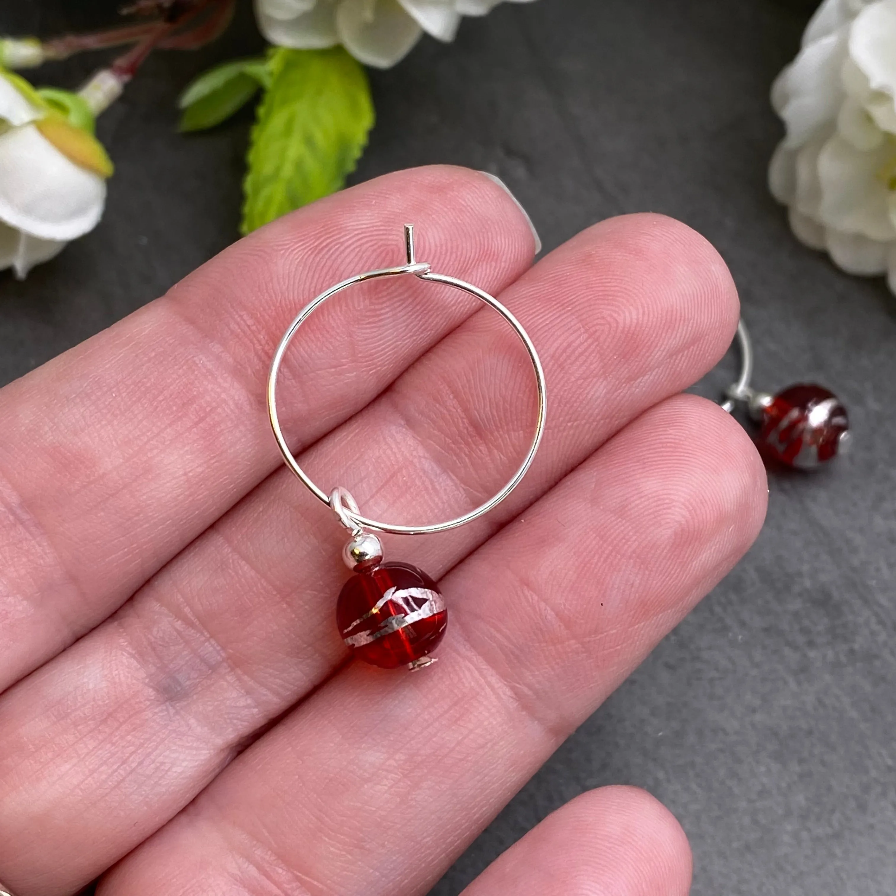 Red Drawbench Glass Bead Silver Plated Hoops 20mm