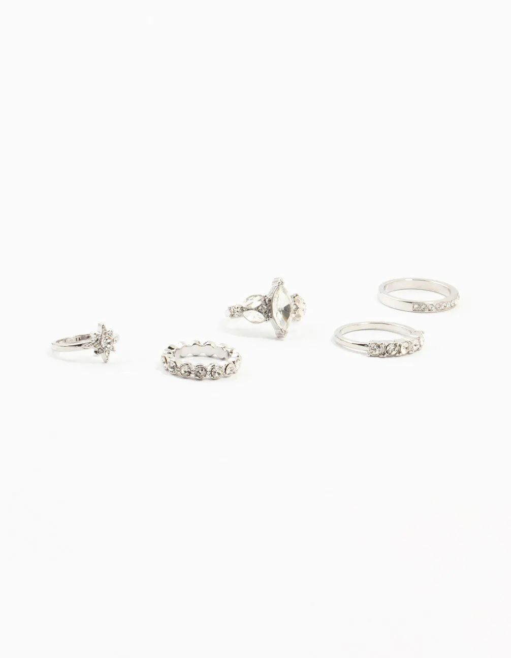 Rhodium Mixed Diamante Rings 5-Pack