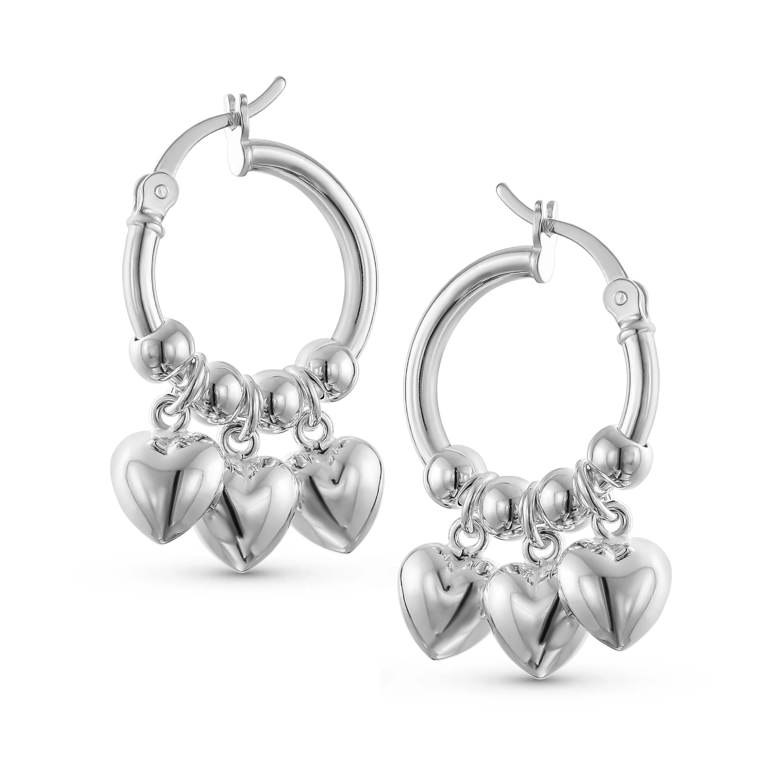 Romantic Love Dangle Earrings with Multi Charms Heart Shaped Huggie Hoops in Silver