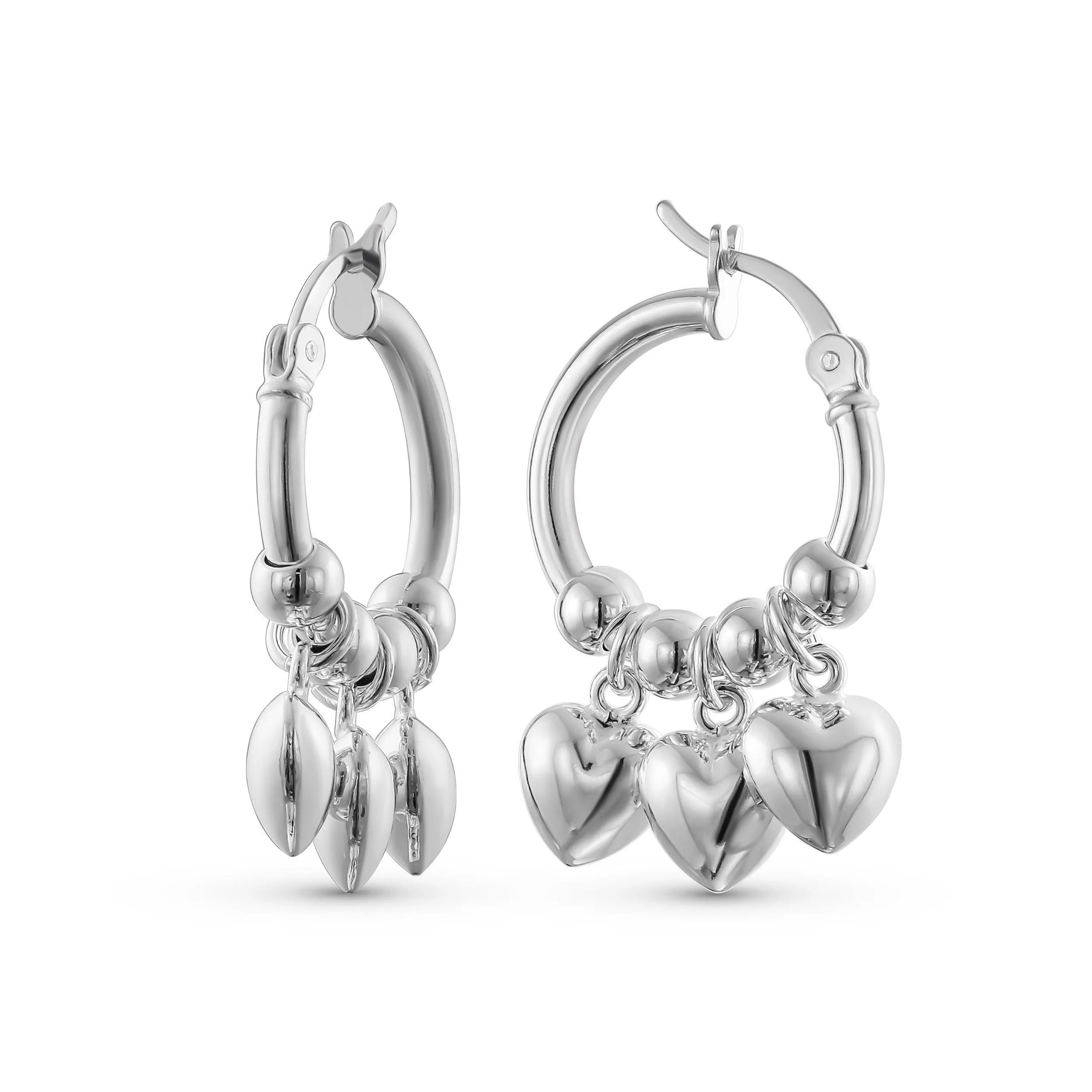 Romantic Love Dangle Earrings with Multi Charms Heart Shaped Huggie Hoops in Silver