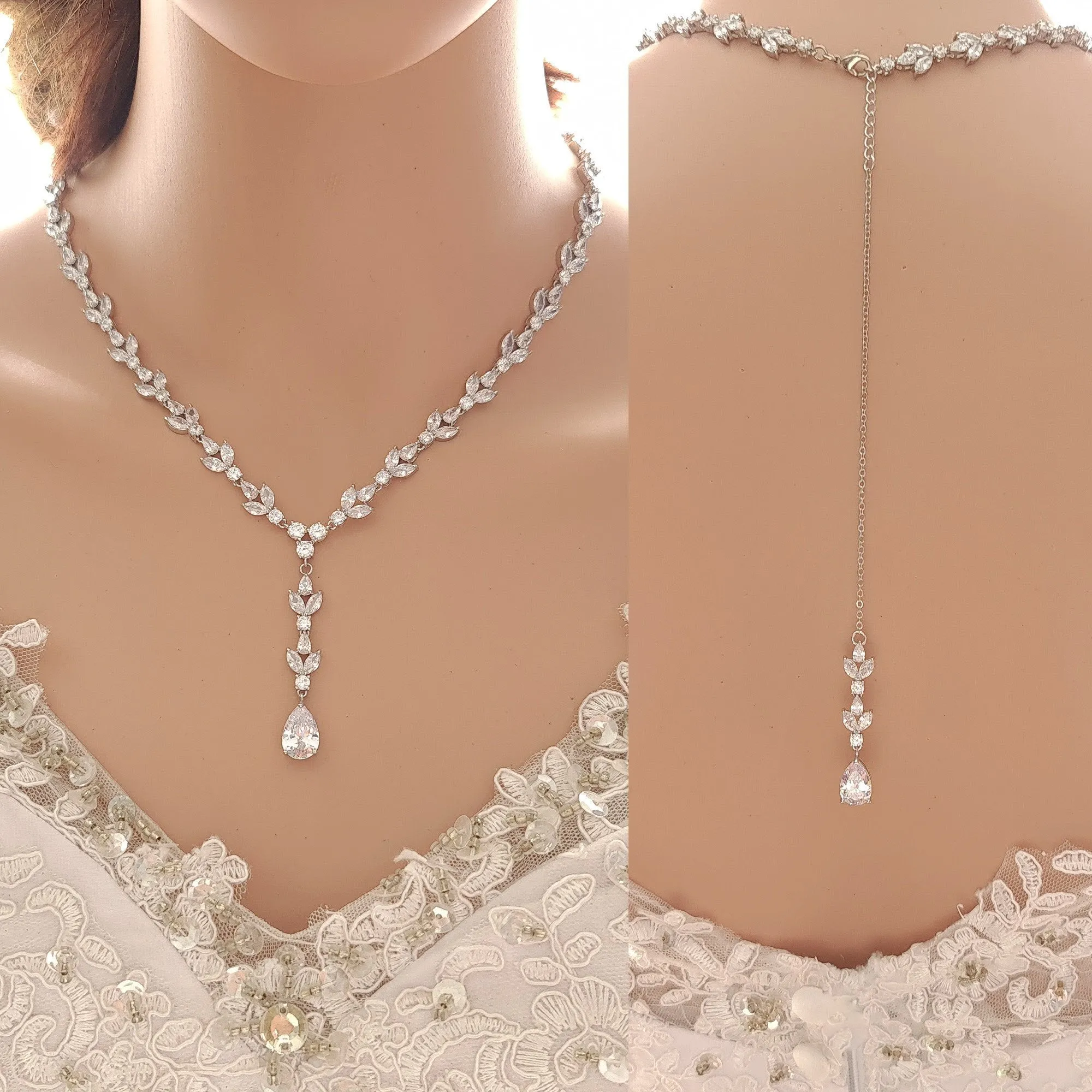 Rose Gold Statement Necklace with Simple Backdrop for Weddings- Anya