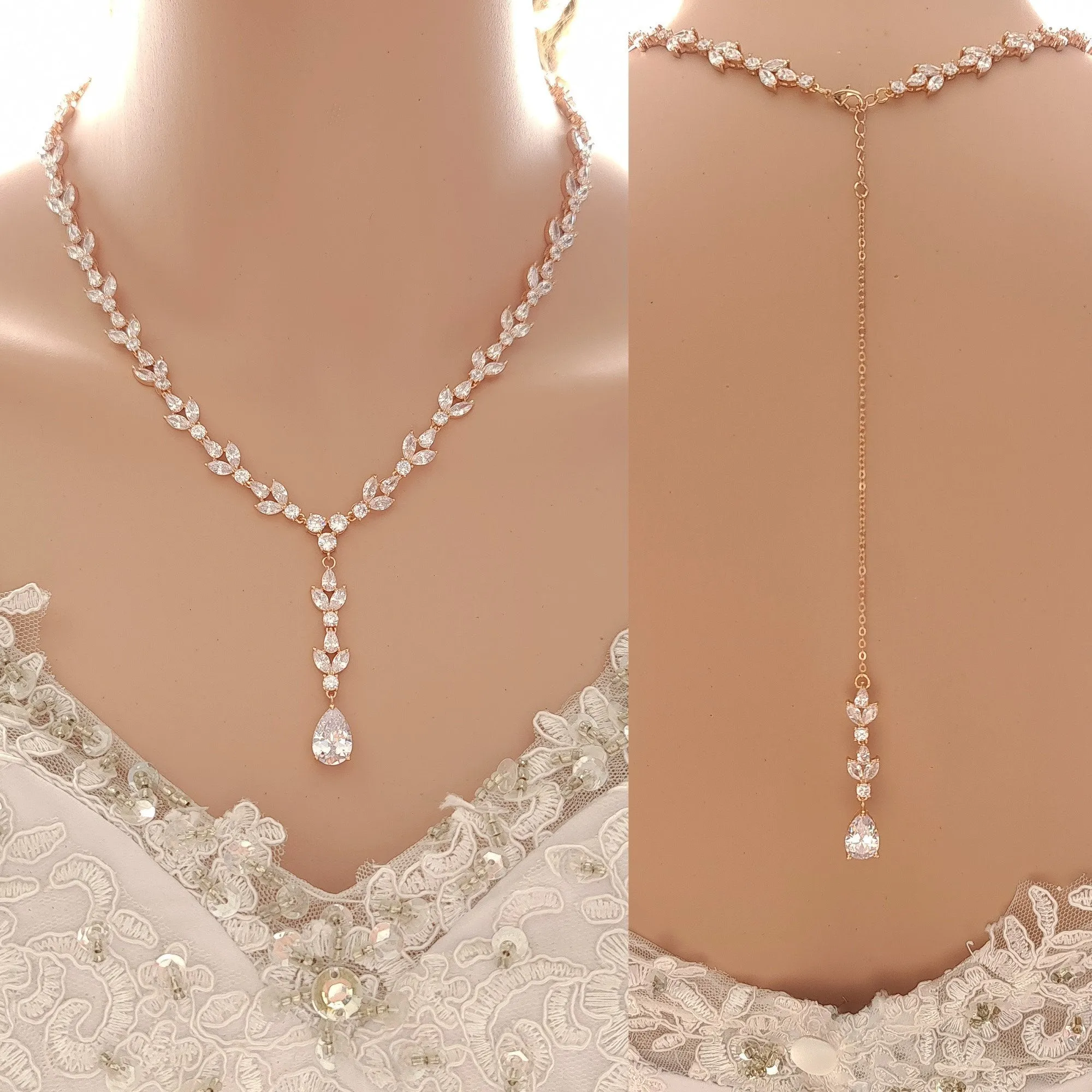 Rose Gold Statement Necklace with Simple Backdrop for Weddings- Anya