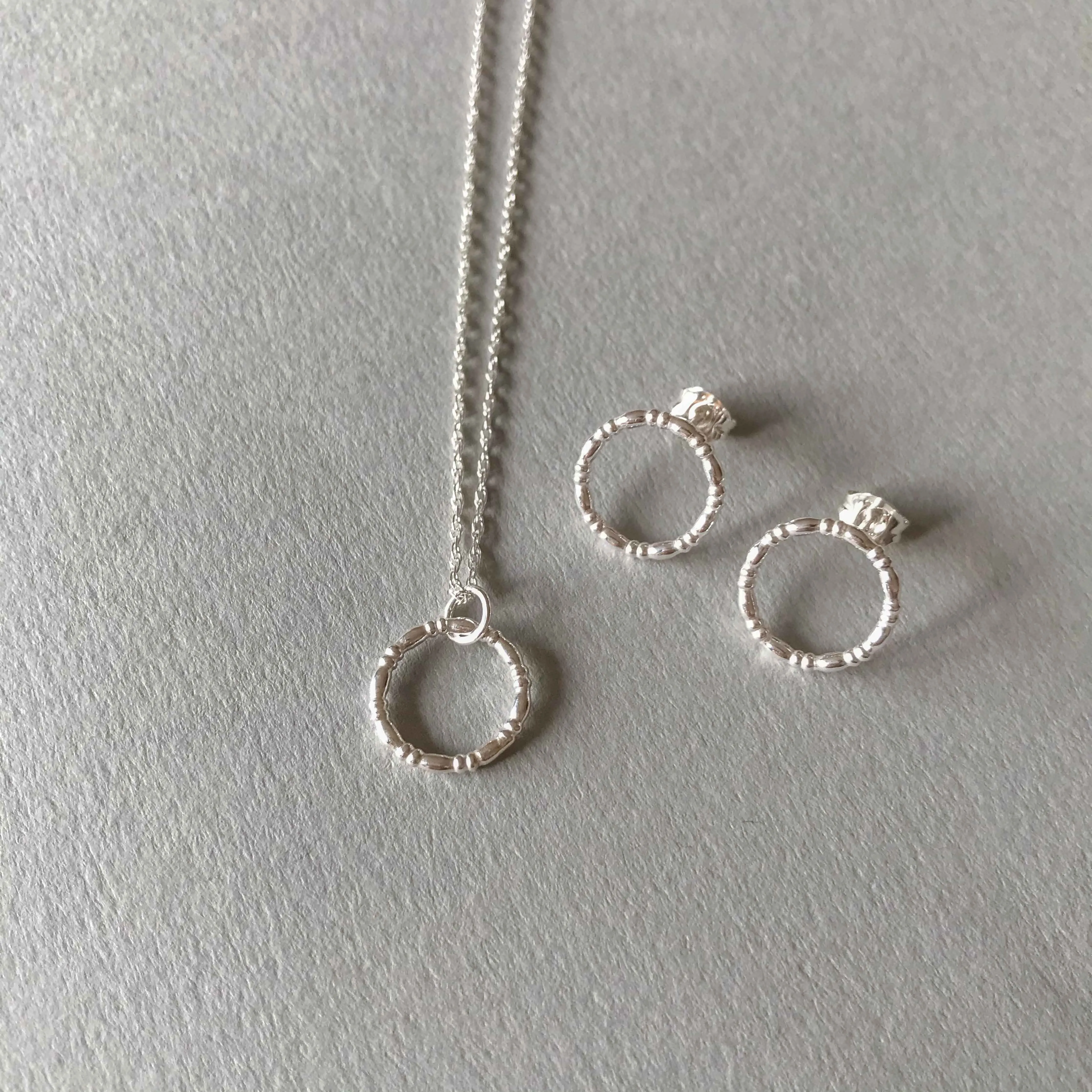 Silver Bamboo Circle Stud & Pendant Set