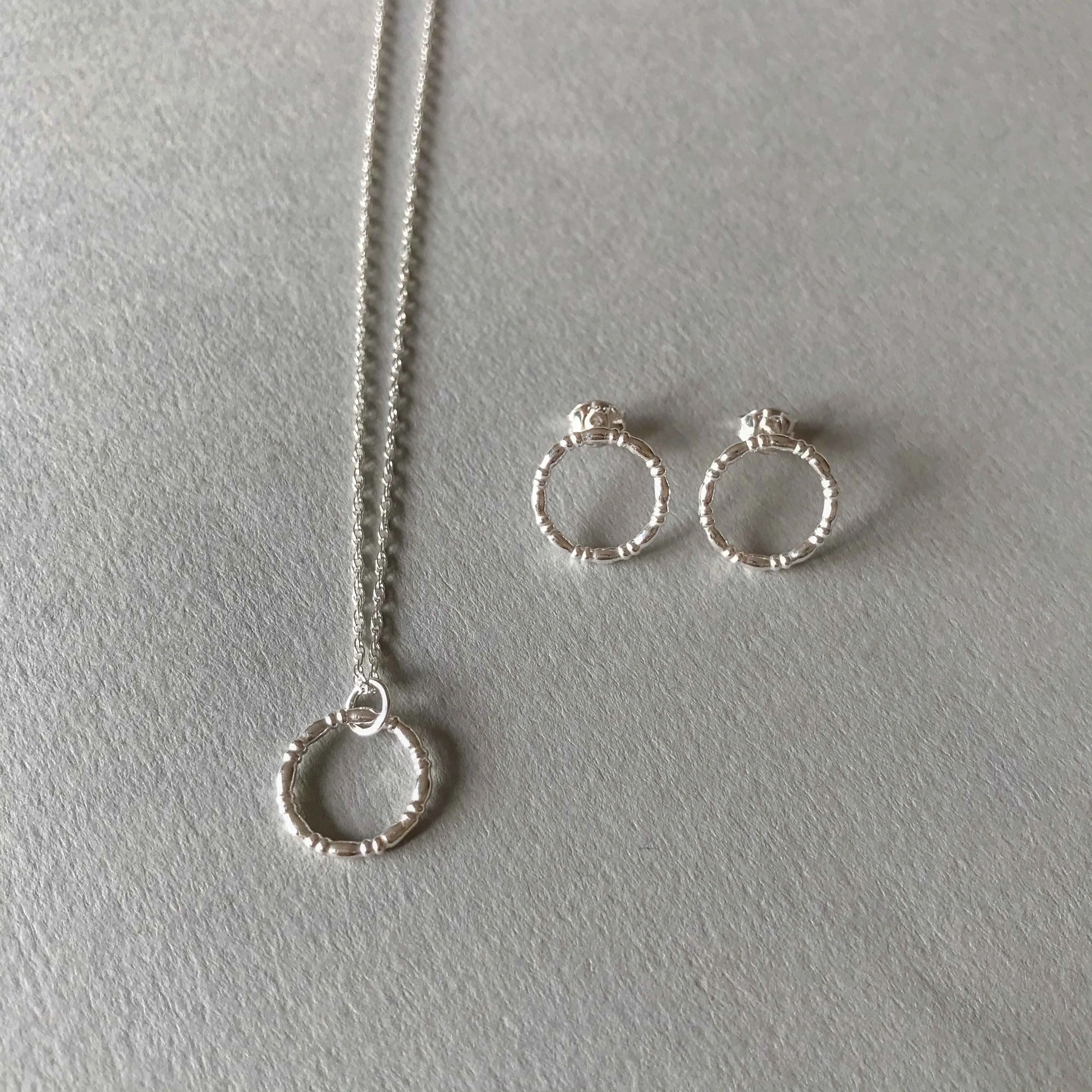 Silver Bamboo Circle Stud & Pendant Set