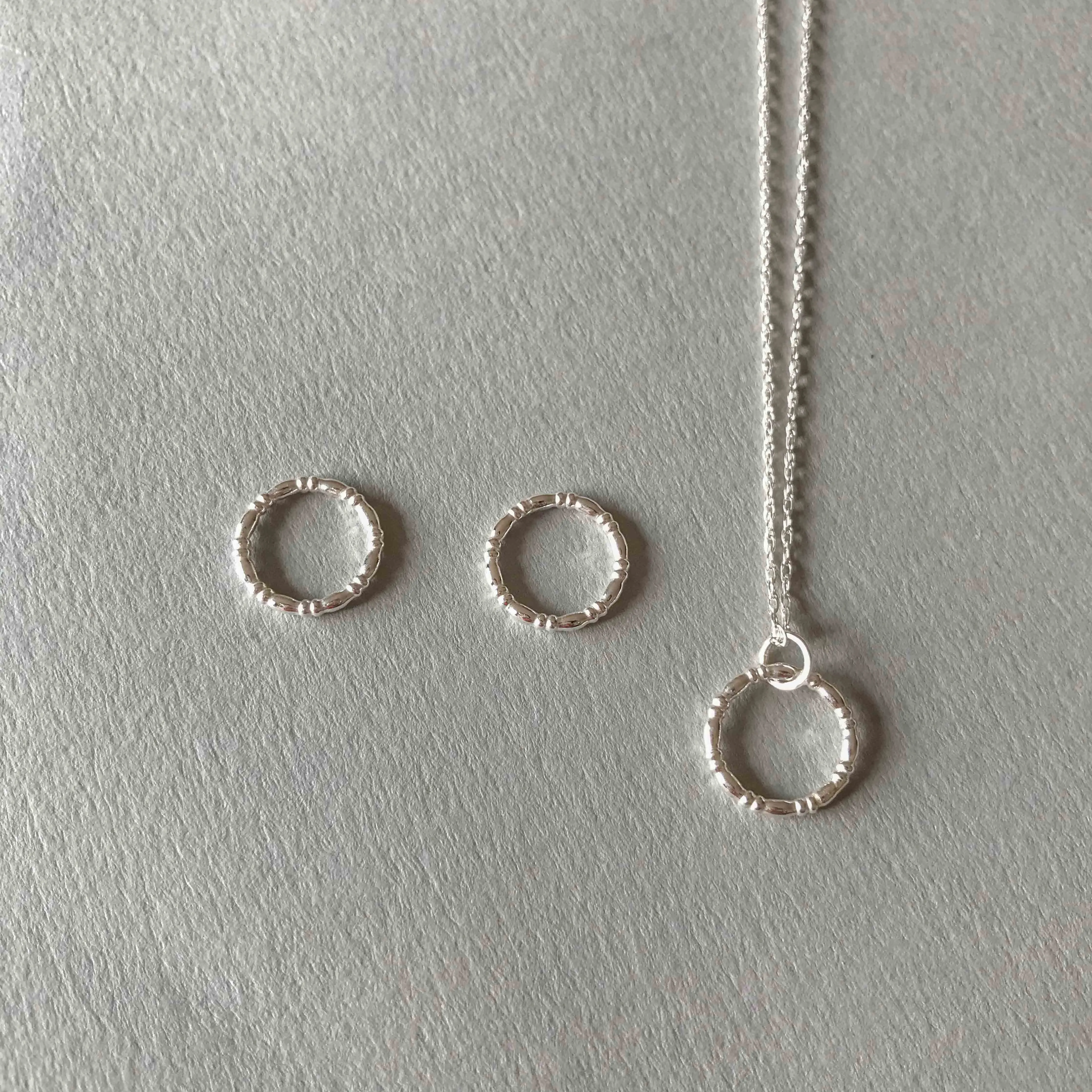 Silver Bamboo Circle Stud & Pendant Set