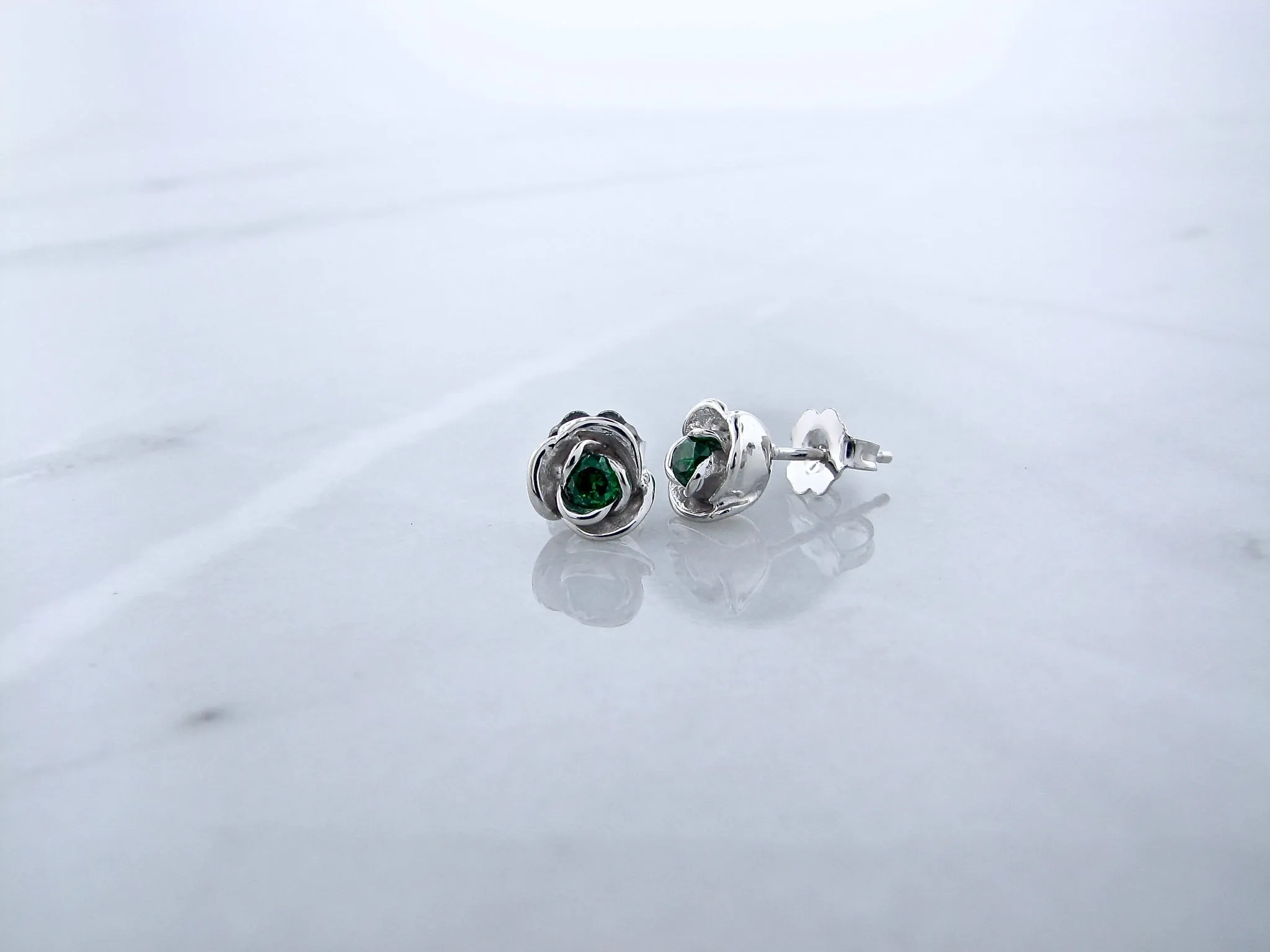 Silver Petite Rosebud Earring Studs Lab Emerald