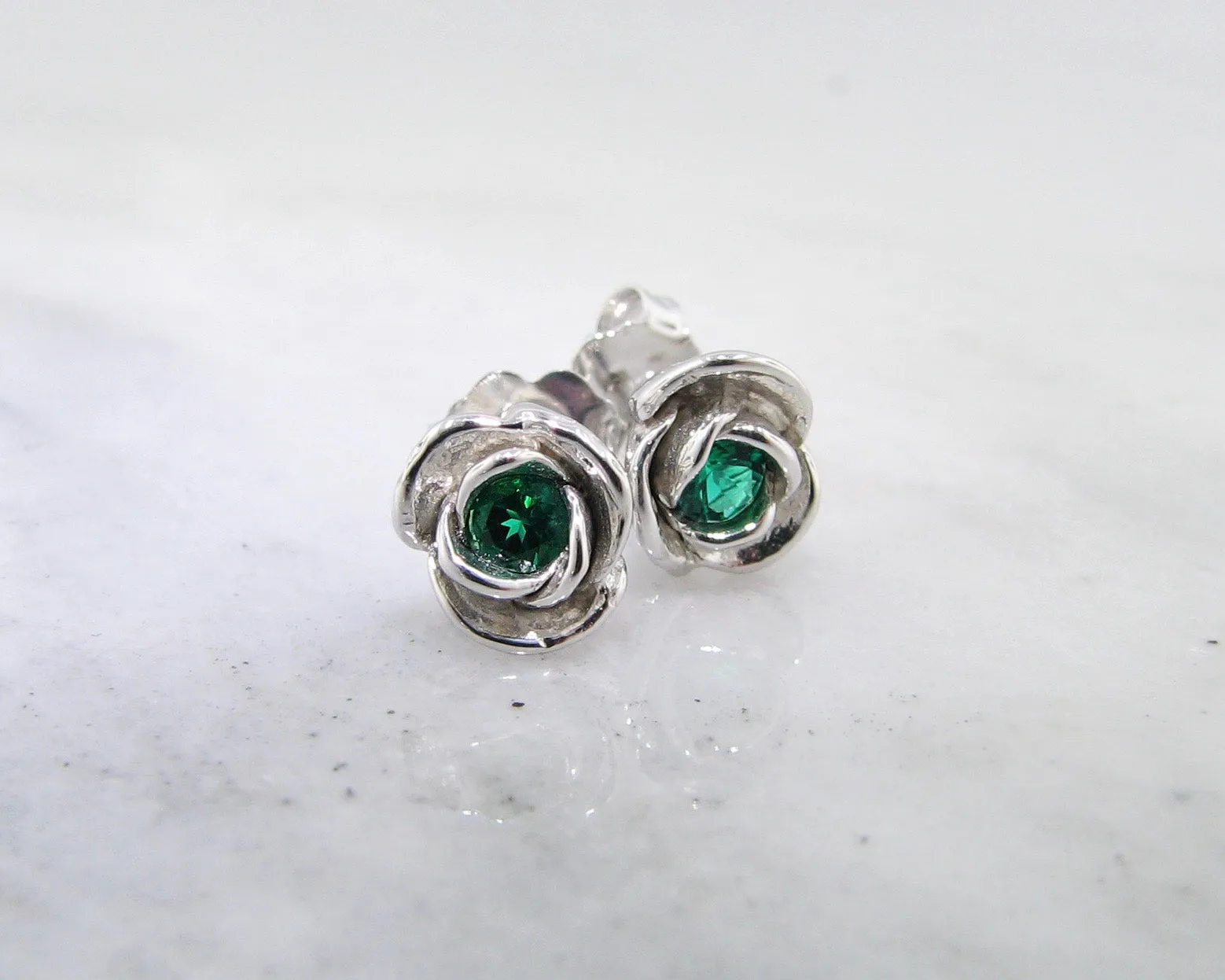 Silver Petite Rosebud Earring Studs Lab Emerald