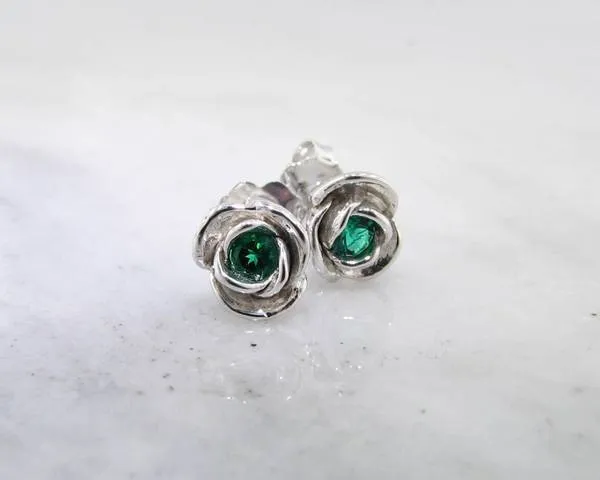 Silver Petite Rosebud Earring Studs Lab Emerald