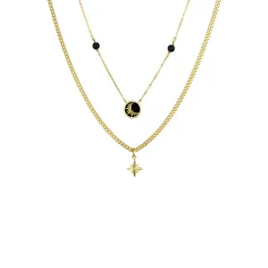 Six-pointed Star and Circle Black Agate Double Layers Silver Necklace for Women