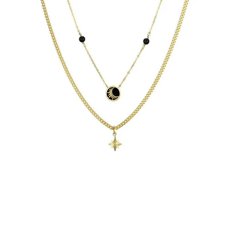 Six-pointed Star and Circle Black Agate Double Layers Silver Necklace for Women