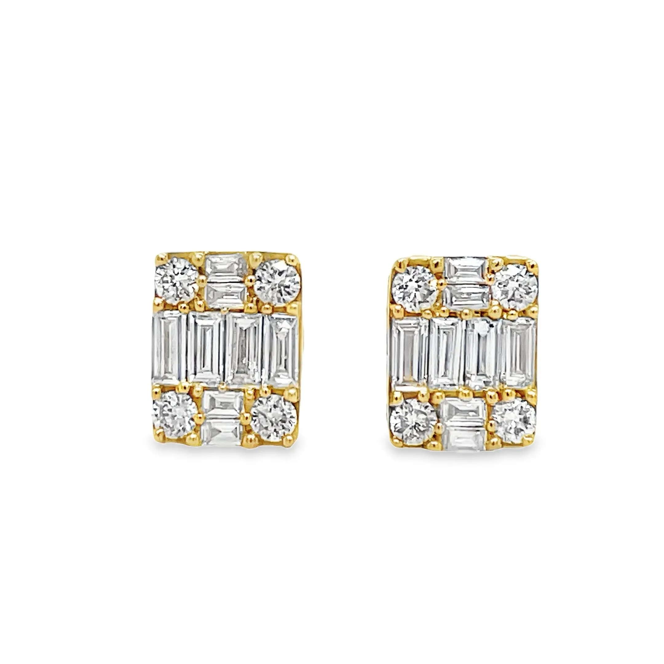 Square Baguette & Round Diamond Stud Earrings in Yellow Gold