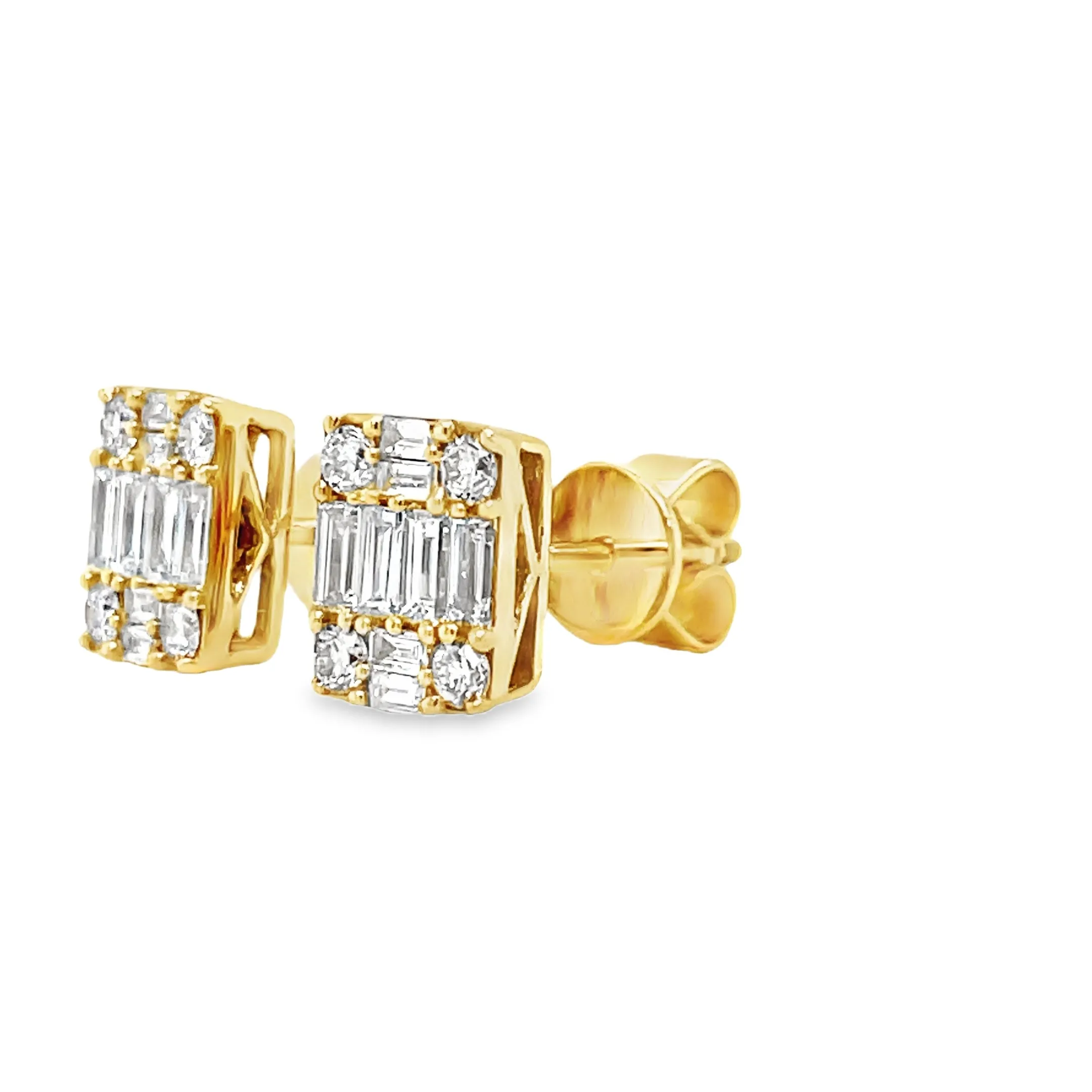 Square Baguette & Round Diamond Stud Earrings in Yellow Gold