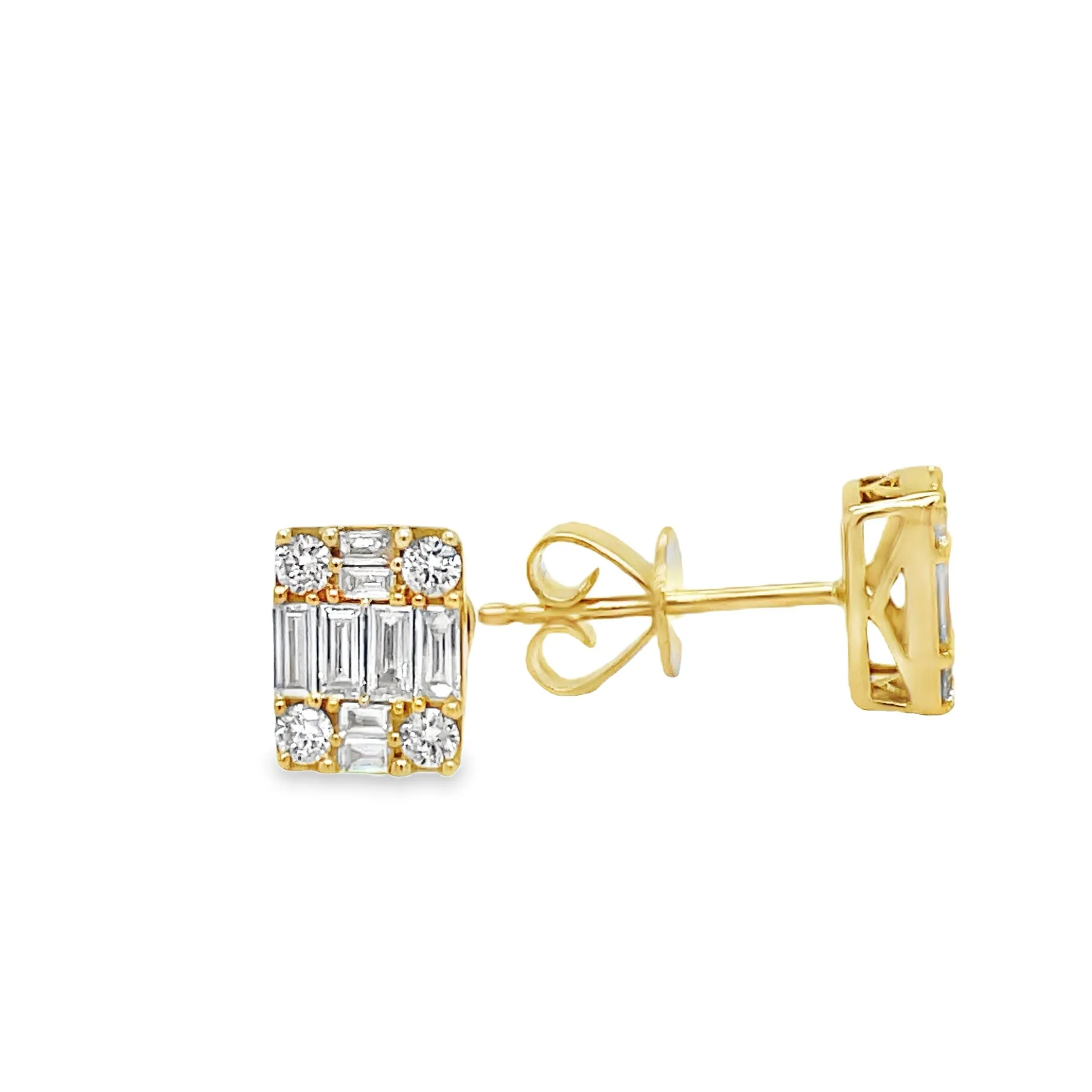 Square Baguette & Round Diamond Stud Earrings in Yellow Gold