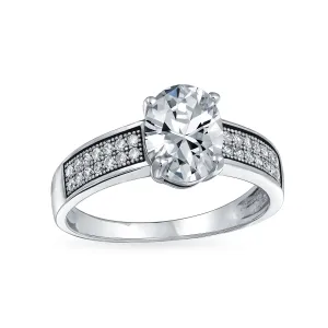 Traditional Bridal 2-3CT Oval Solitaire Engagement Ring with Micro Pave Band Silver