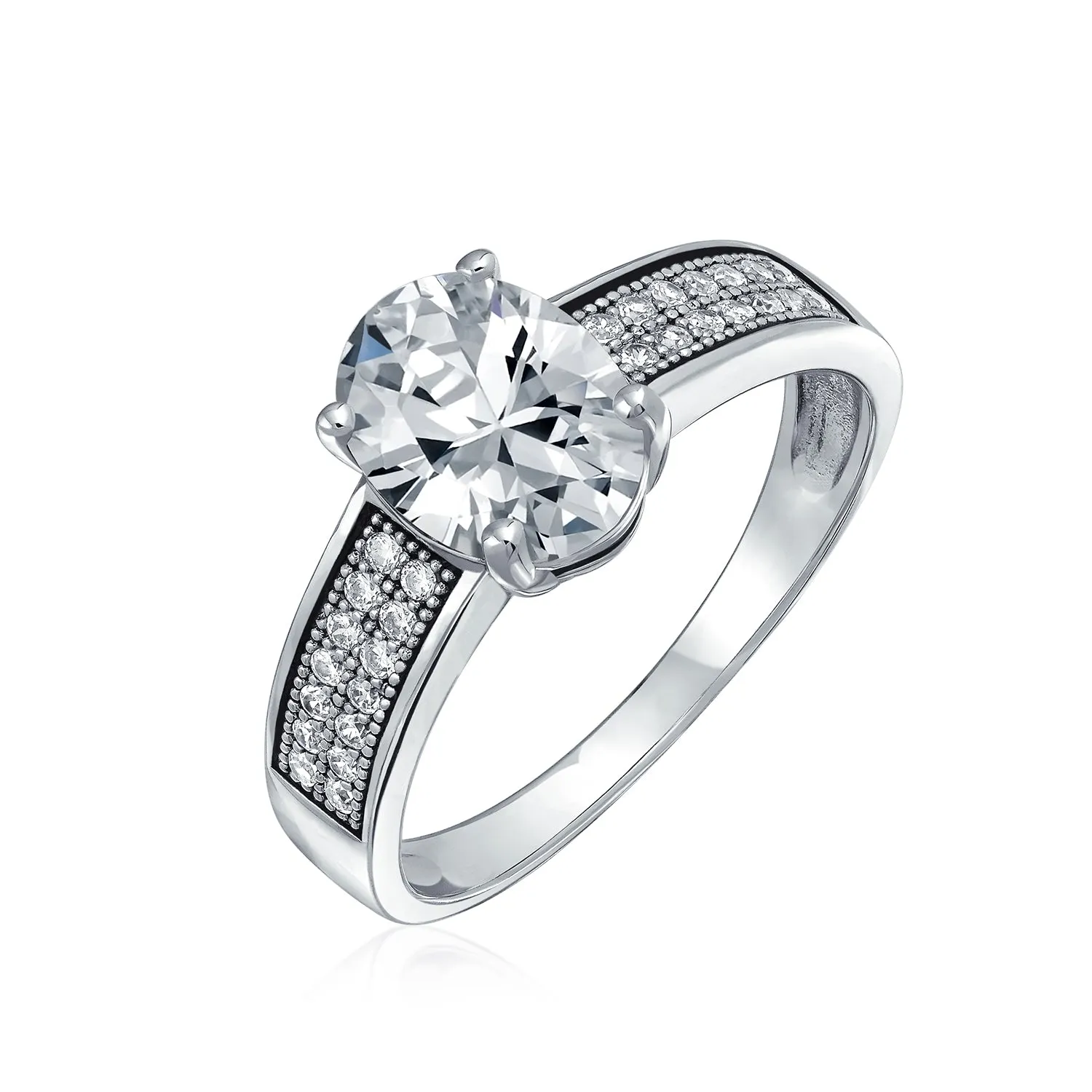 Traditional Bridal 2-3CT Oval Solitaire Engagement Ring with Micro Pave Band Silver