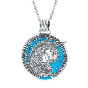 Unisex Pegasus Medallion Celestial Blue Pendant Necklace in Sterling Silver