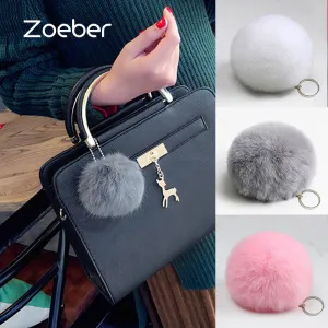 Zoeber New Artificial Rabbit Fur Ball Keychain Cute Pompom Key Ring Lovely Fluffy Fur Rabbit Ear Pendant Keychain Rings women